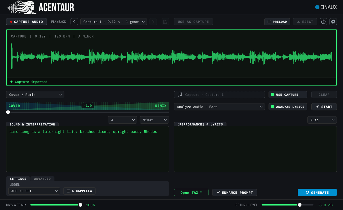 Cover / Remix with a Capture loaded, the COVER to REMIX lane, USE CAPTURE on and the slot reading Capture · Capture 1