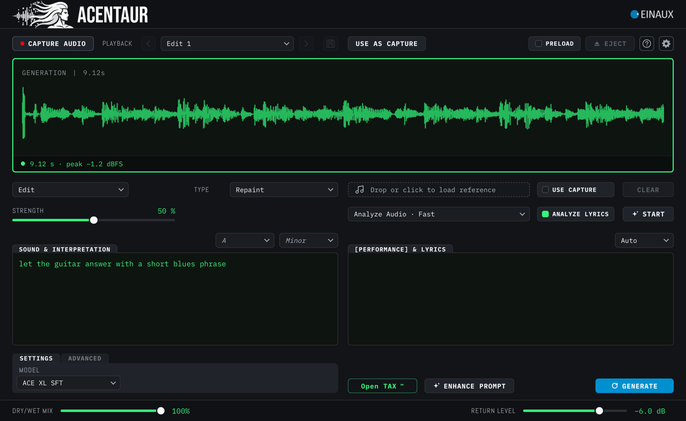Edit in the Repaint type on a Generation, with the Strength slider and Analyze Audio; USE AS CAPTURE is awake