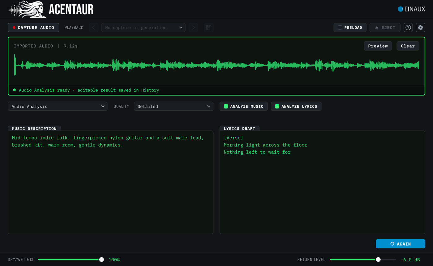 Audio Analysis after a run on an imported file: ANALYZE MUSIC and ANALYZE LYRICS lit, both fields filled, the button reads AGAIN