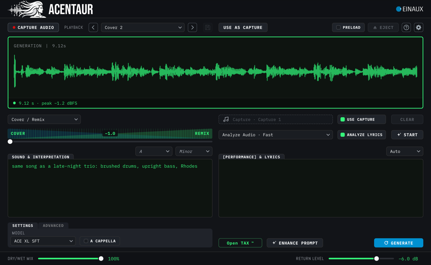 The whole ACENTAUR surface with a finished Generation in the waveform, the Cover / Remix controls, the two text fields and the SETTINGS panel