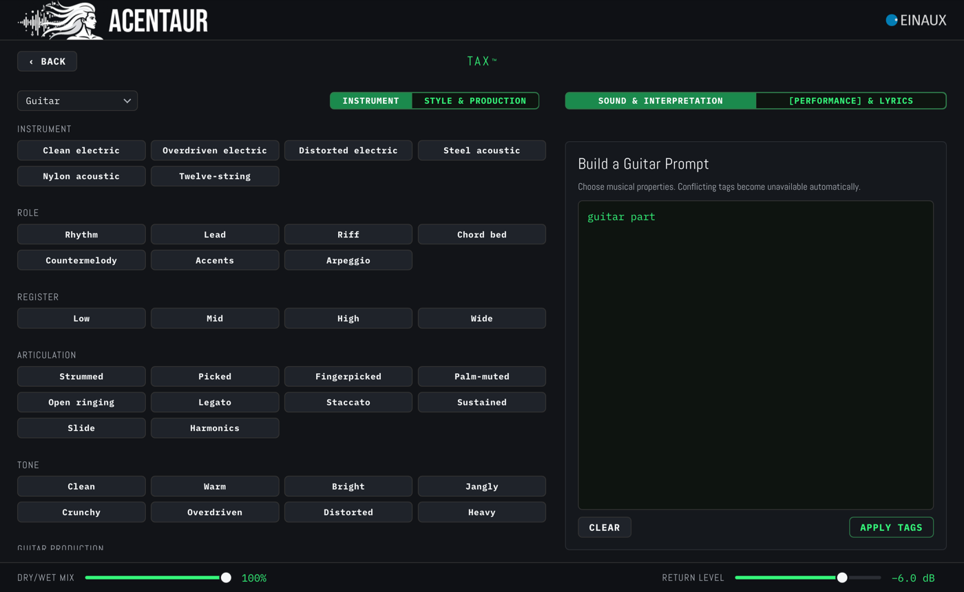 The TAX page Sound & Interpretation, Instrument sub-page, with the groups of the chosen instrument