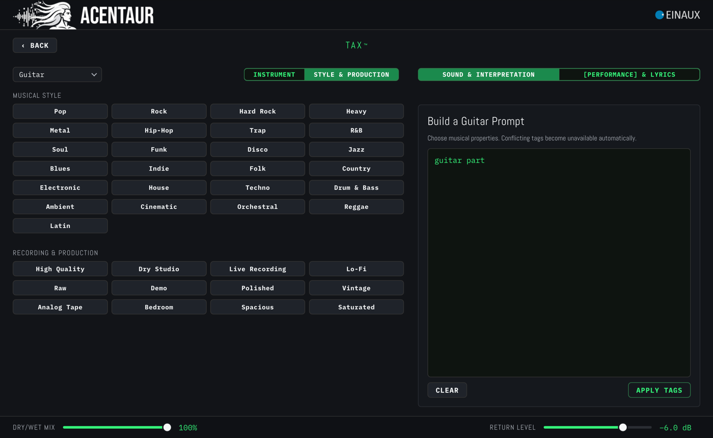 The TAX sub-page Style & Production with musical style and recording character