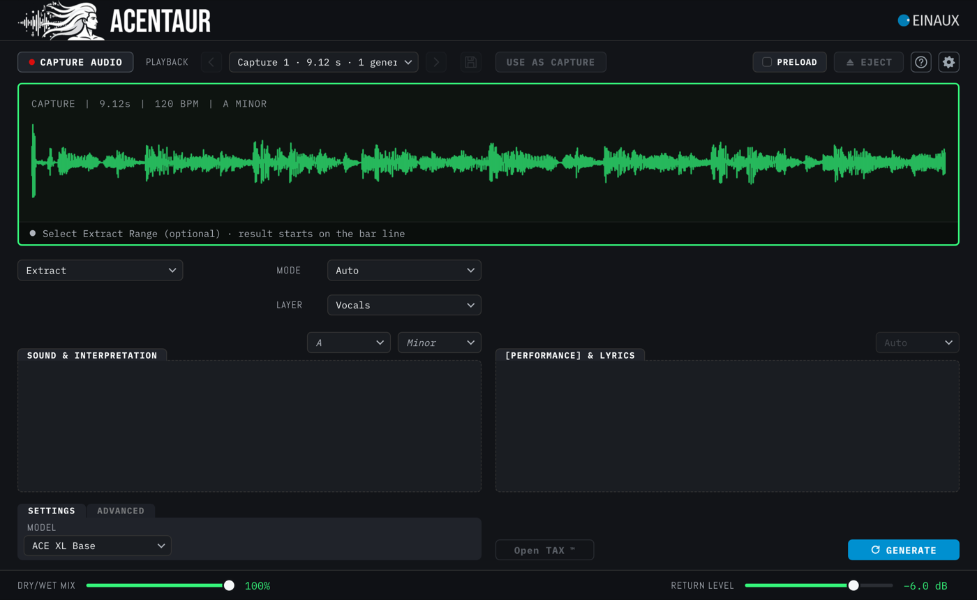 Extract in Auto on Vocals with a Capture loaded; the text fields rest