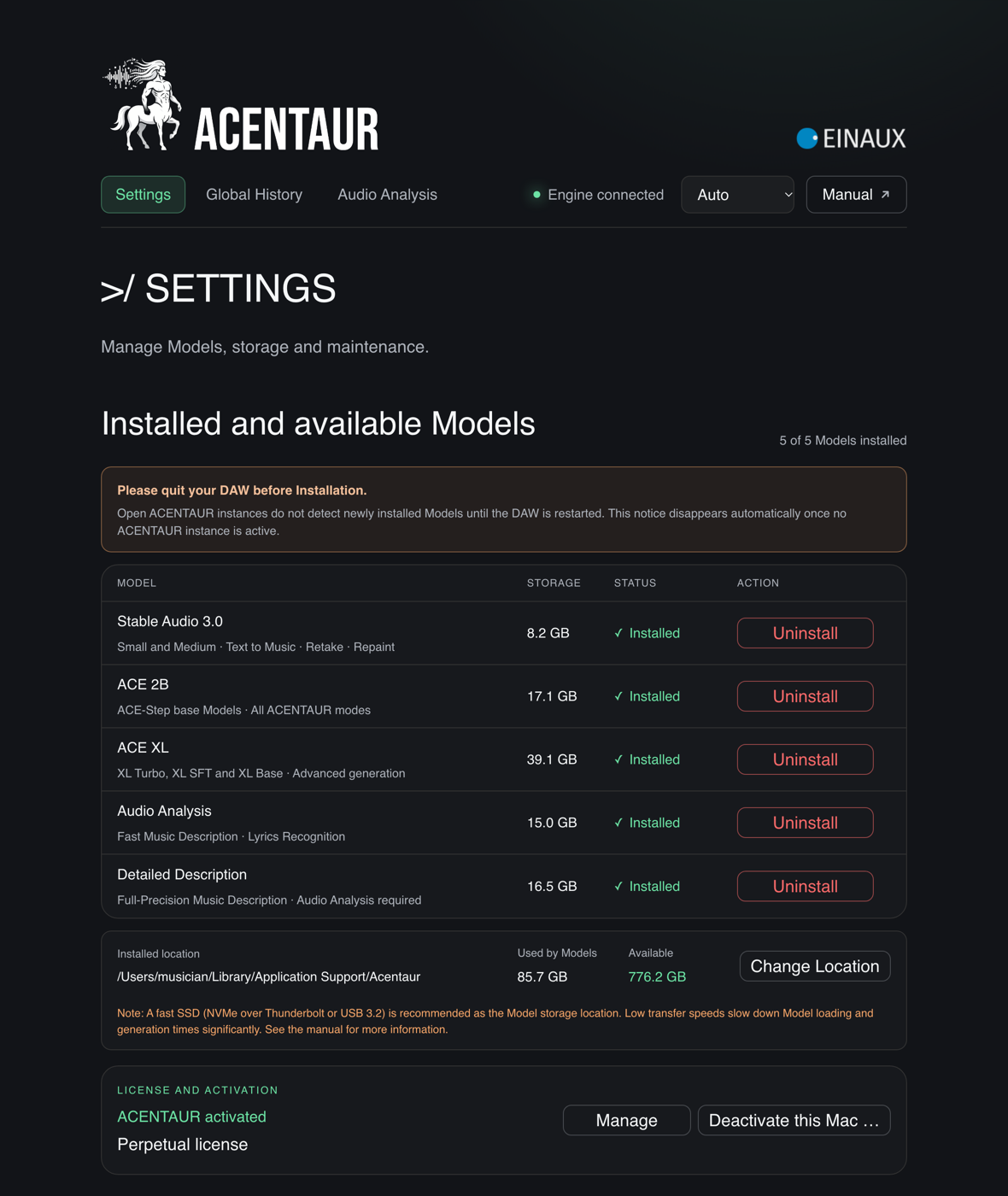 The Settings page with the Model table, the storage location and the license card
