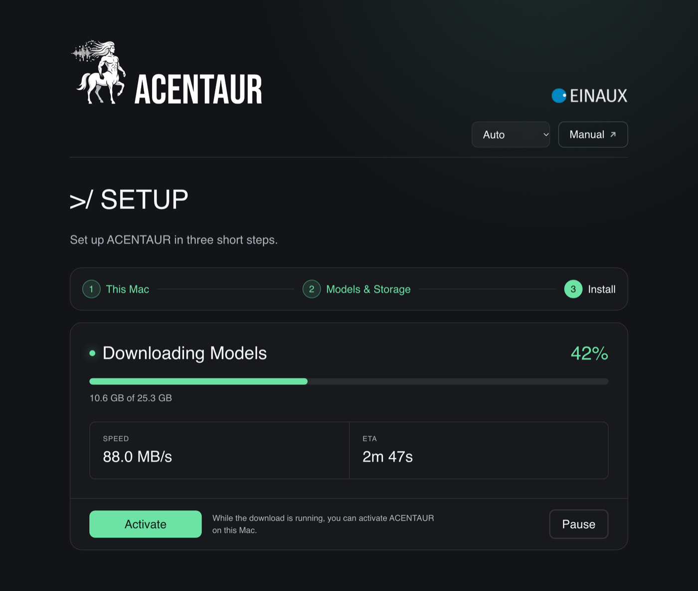 Setup step 3, Install: the download at 42 percent with speed and remaining time, the Activate button and Pause