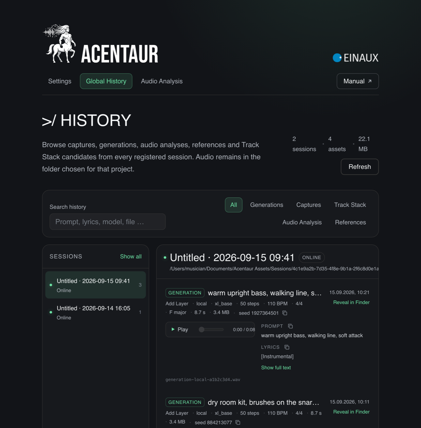 The Global History page with its filters and one card per Generation