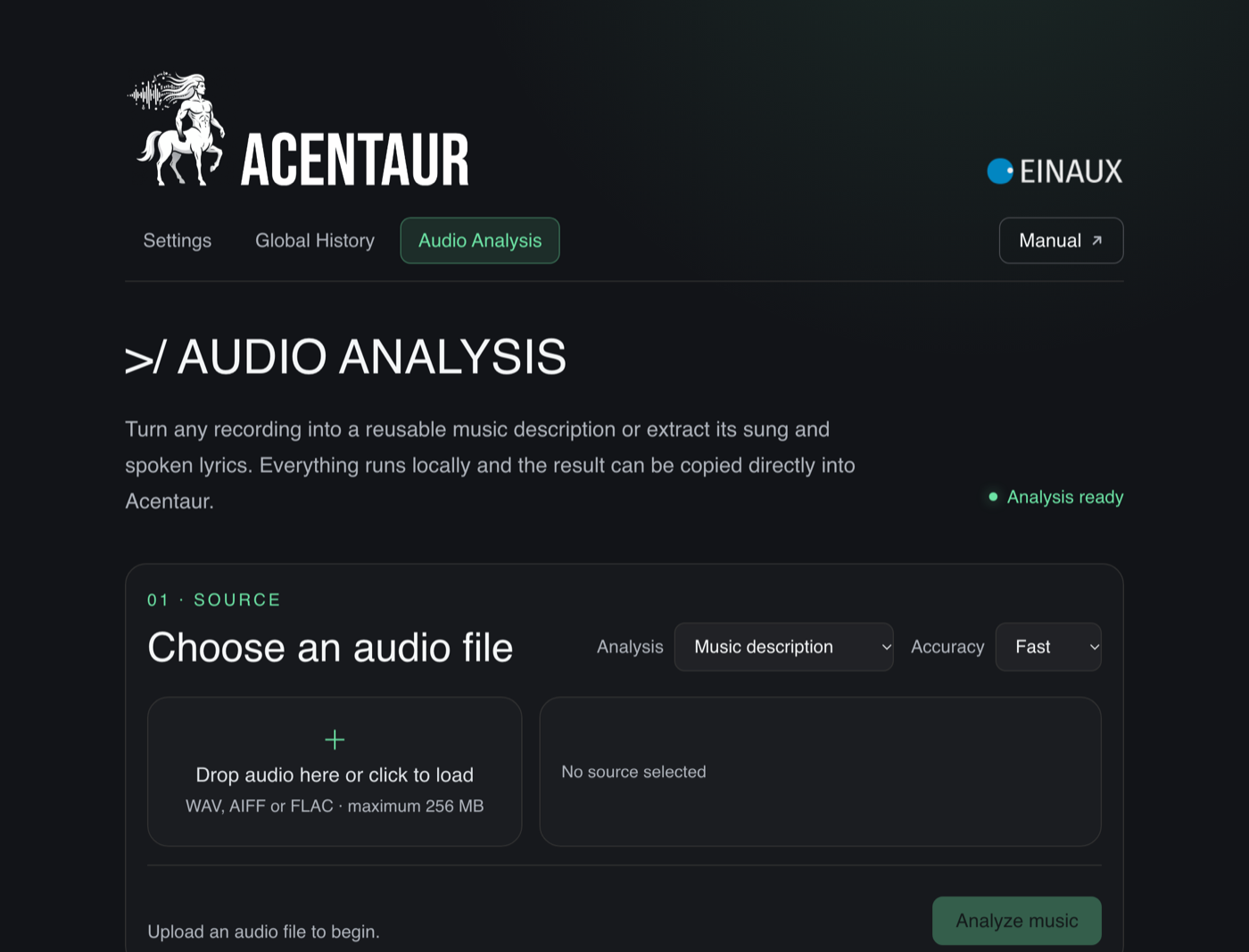 The Audio Analysis page with the drop zone, the Analysis menu and the Accuracy menu