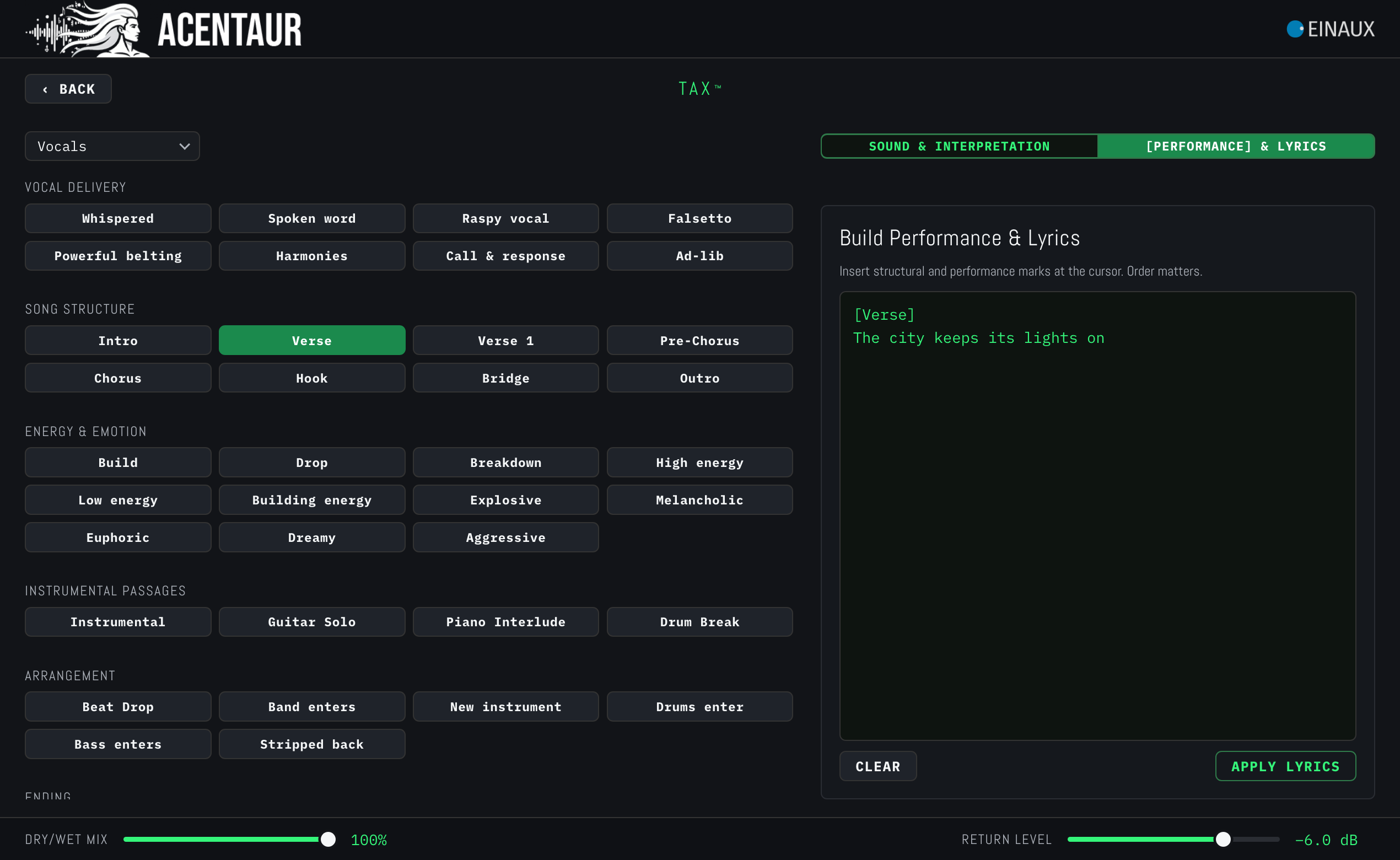 13-tax-performance-lyrics ACENTAUR TAX™ tag matrix for building a drums prompt
